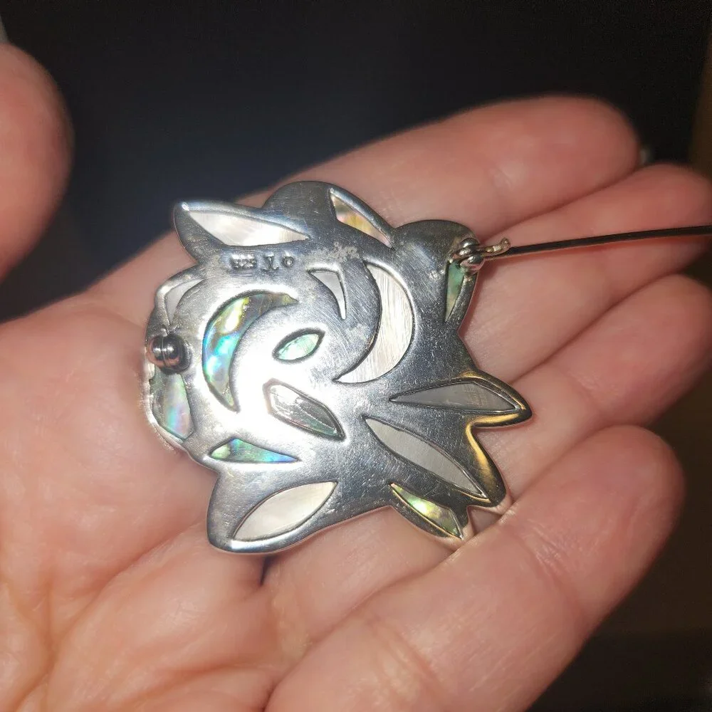 Vintage Abalone 925 Silver Floral Brooch w/Insignia on the Back - Picture 4 of 4